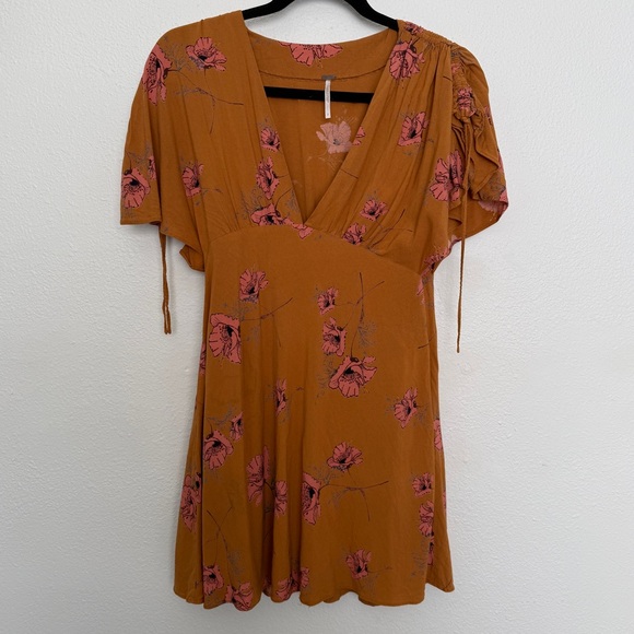 Free People Drapey Melanie Flutter Sleeve Mini Dress Mustard Combo - Picture 8 of 10